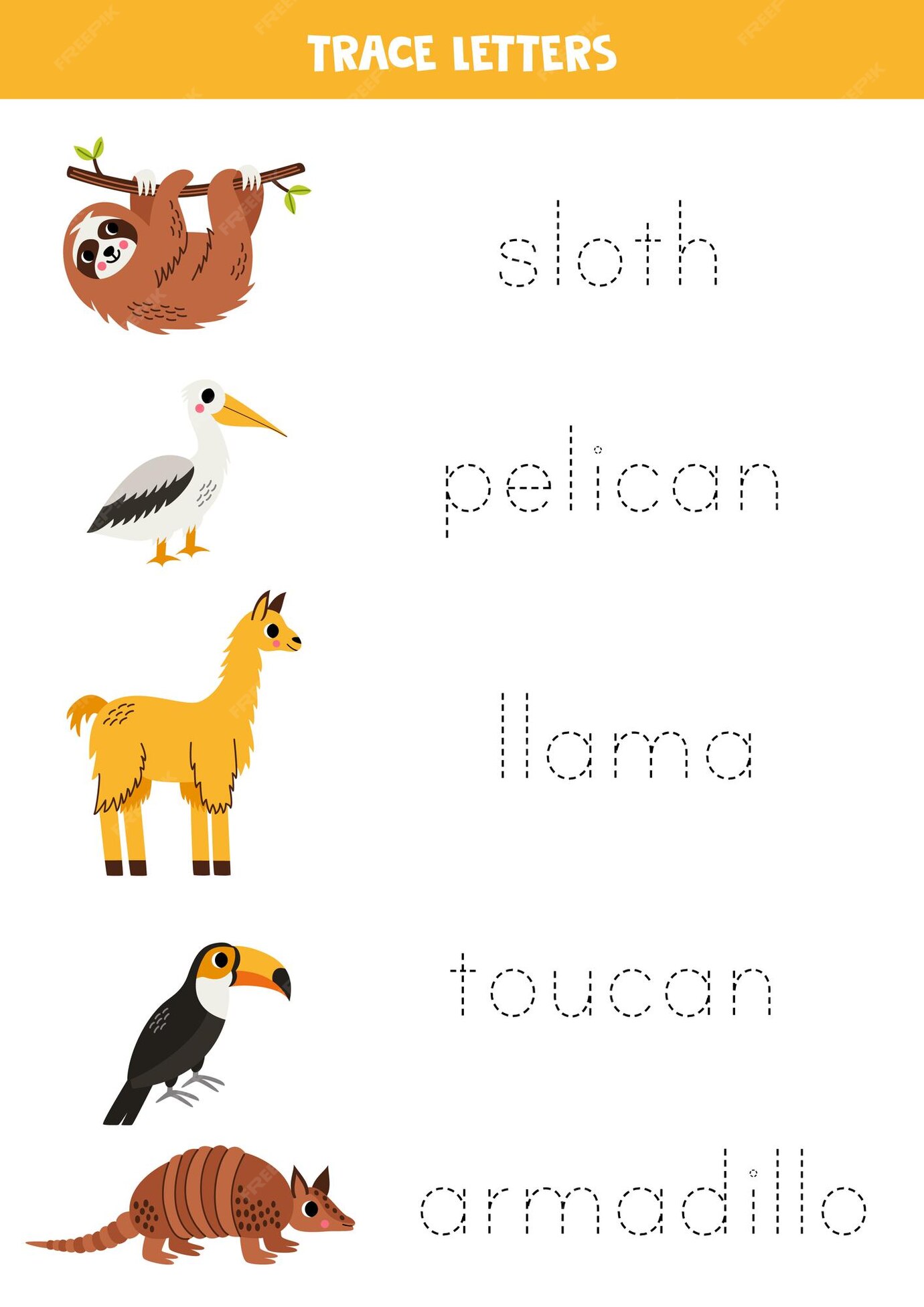 Premium Vector | Trace the names of cute south american animals