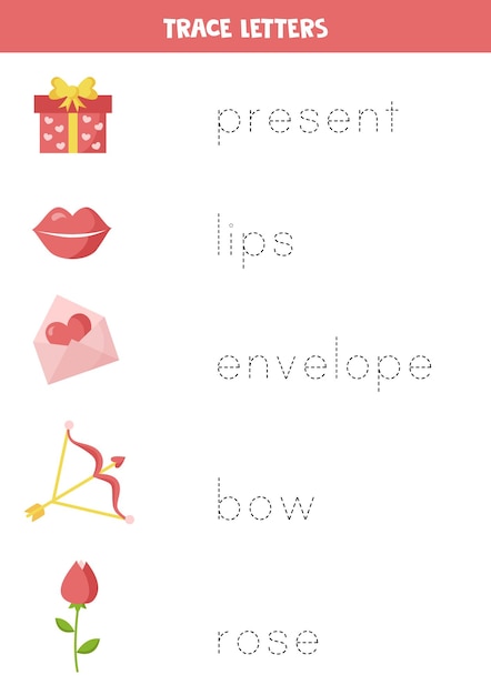 Trace the names of cute valentine elements. handwriting practice for preschool kids.