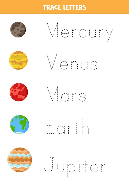 Traccia i nomi dei pianeti del sistema solare. pratica di scrittura a mano per bambini in età prescolare.