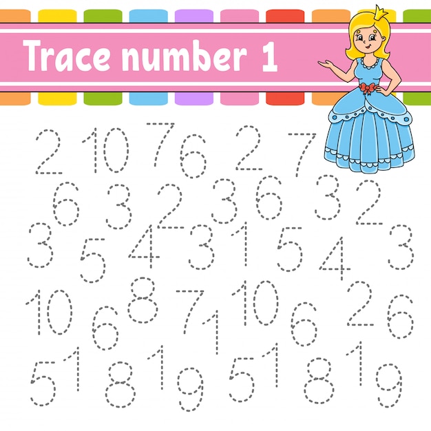 Trace number 1. handwriting practice. learning numbers for kids.