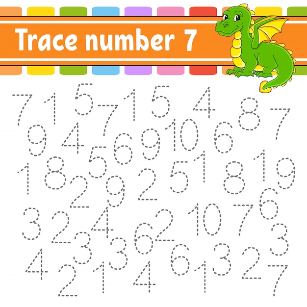 Trace number 7. handwriting practice. learning numbers for kids.