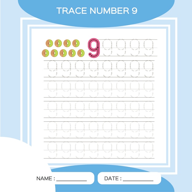 Traccia il numero 9. nove. gioco educativo per bambini. attività per i primi anni. foglio di lavoro prescolare per la pratica delle abilità motorie fini.