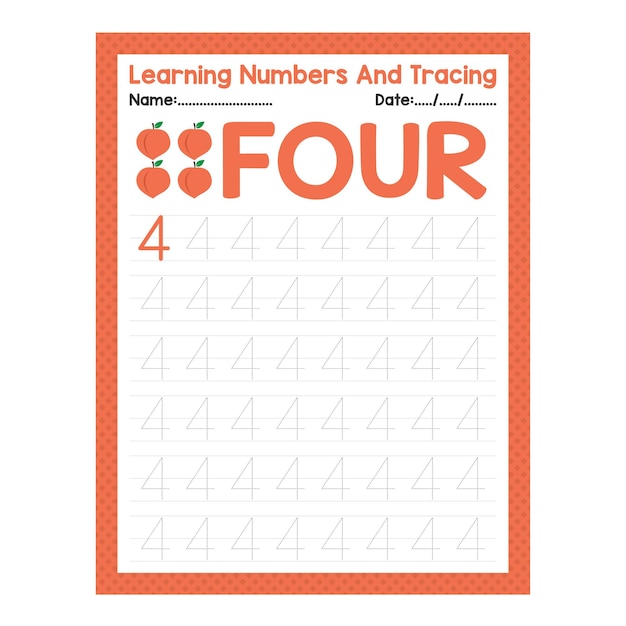 trace the number four beginning math worksheet for preschool kid activity sheet back to school