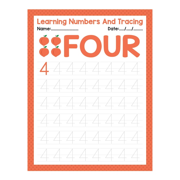 Vector trace the number four beginning math worksheet for preschool kid activity sheet back to school