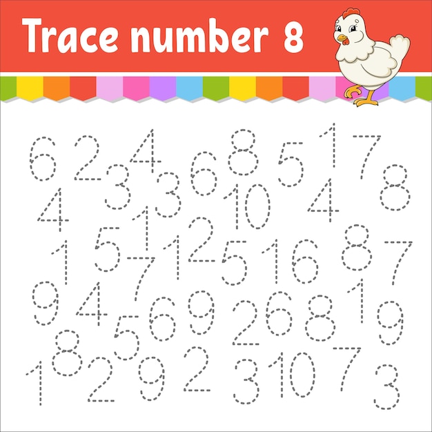 Numero di traccia. pratica di scrittura a mano. numeri di apprendimento per i bambini. foglio di lavoro per lo sviluppo dell'istruzione. pagina delle attività. gioco per bambini e bambini in età prescolare. illustrazione vettoriale isolato in stile cartone animato carino.