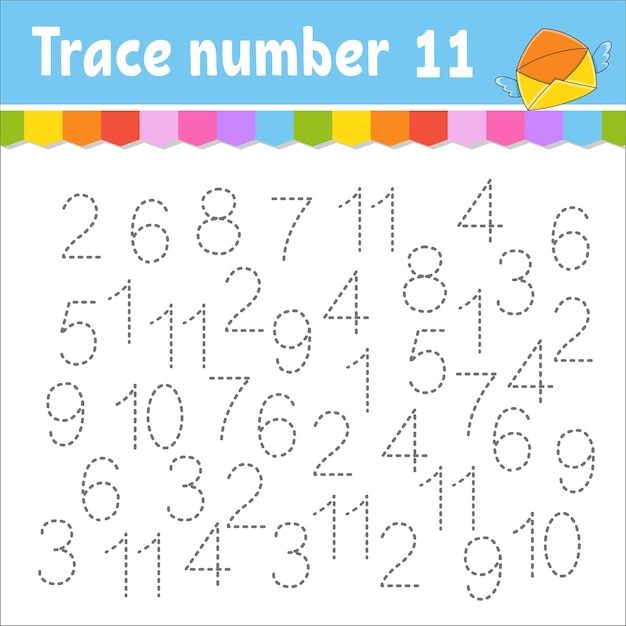 Vector trace number . handwriting practice. learning numbers for kids. education developing worksheet. activity page. game for toddlers and preschoolers. isolated vector illustration in cute cartoon style.