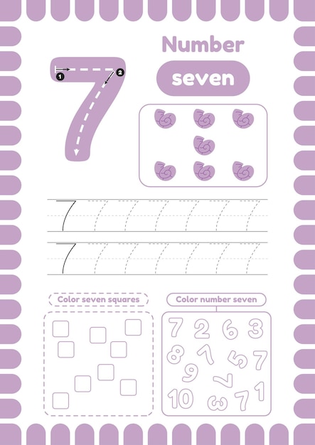 Trace number seven Activity page with many exercises for kids coloring figures Handwriting practice