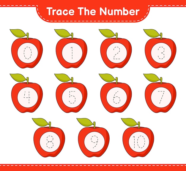 Traccia il numero traccia il numero con l'illustrazione vettoriale del foglio di lavoro stampabile del gioco per bambini apple educational