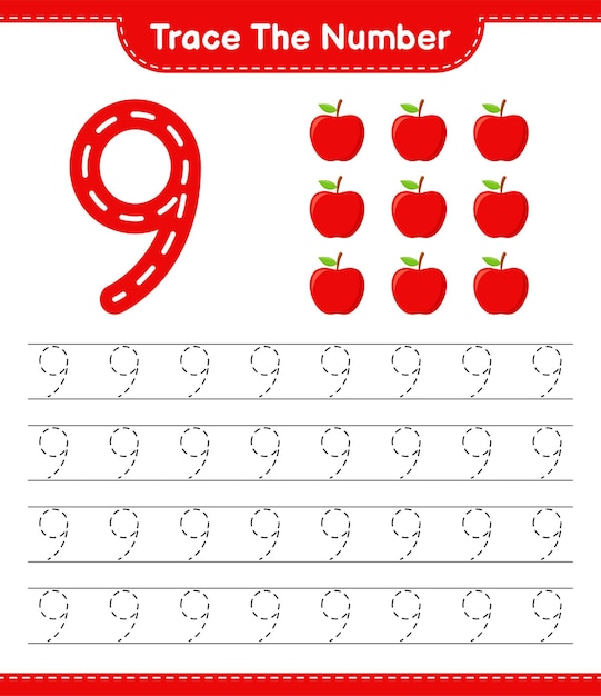 Trace the number. Tracing number with Apple. Educational children game, printable worksheet 