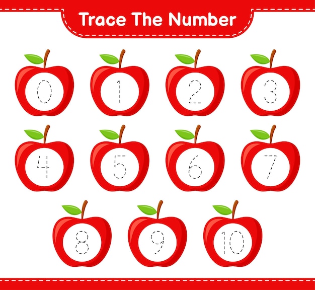 Trace the number. Tracing number with Apple. Educational children game, printable worksheet 