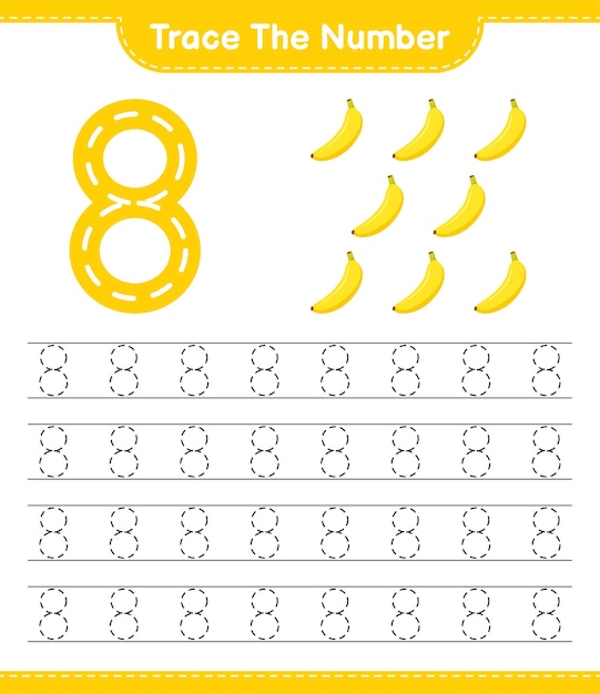 Trace the number. Tracing number with Banana. Educational children game, printable worksheet 