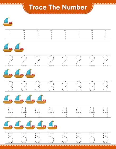 Traccia il numero. numero di tracciamento con barca. gioco educativo per bambini, foglio di lavoro stampabile, illustrazione vettoriale