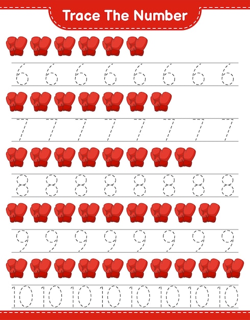 Traccia il numero. numero di tracciamento con guantoni da boxe. gioco educativo per bambini, foglio di lavoro stampabile, illustrazione vettoriale