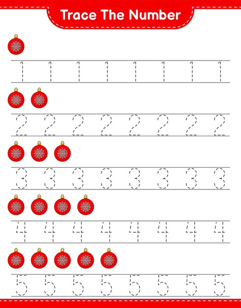Trace the number Tracing number with Christmas Ball Educational children game printable worksheet