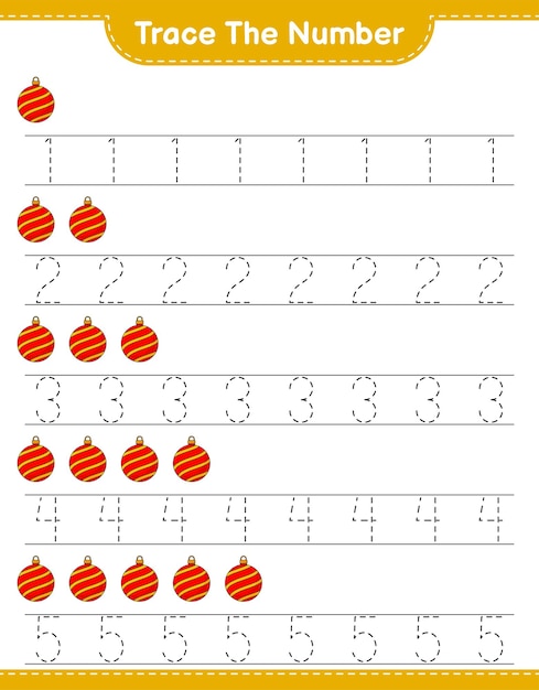 Trace the number Tracing number with Christmas Ball Educational children game printable worksheet