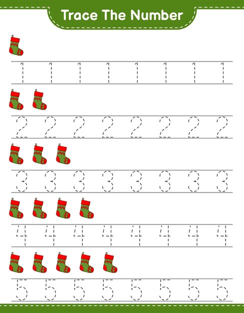 Trace the number Tracing number with Christmas Sock Educational children game printable worksheet vector illustration