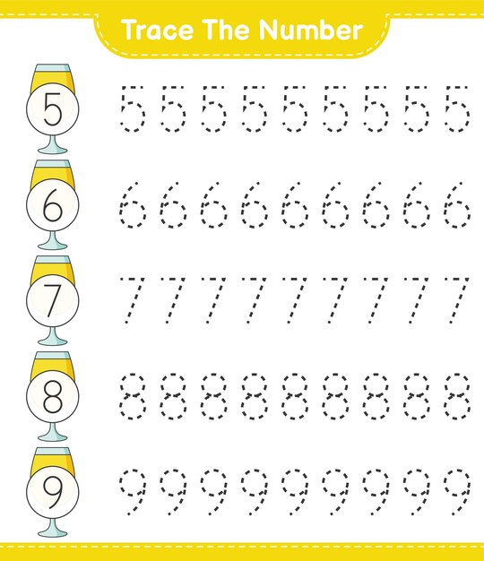 Vector trace the number tracing number with cocktail educational children game printable worksheet