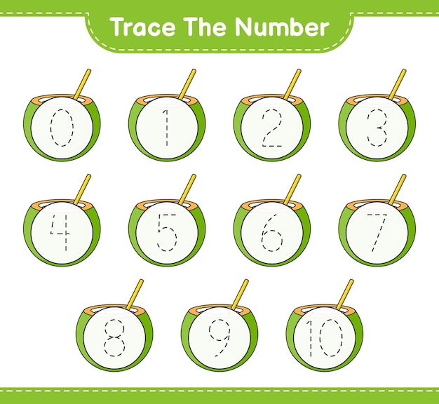 数字をトレースするココナッツ教育の子供向けゲームの印刷可能なワークシートで数字をトレースする