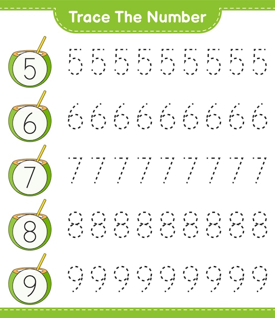 Vector trace the number tracing number with coconut educational children game printable worksheet