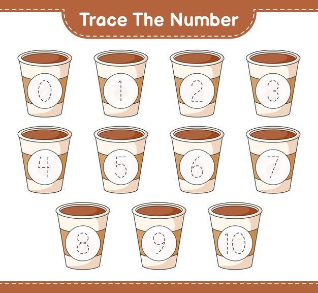 Trace the number Tracing number with Coffee Cup Educational children game printable worksheet vector illustration