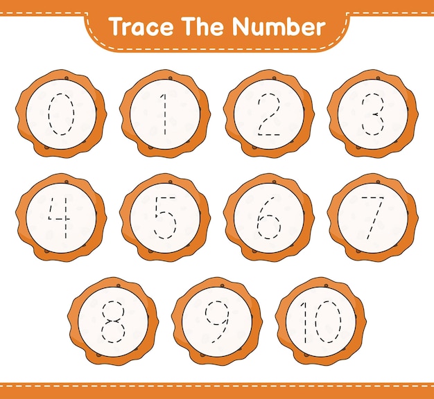 番号をトレースするCookieEducationalの子供たちのゲームの印刷可能なワークシートのベクトル図で番号をトレースする