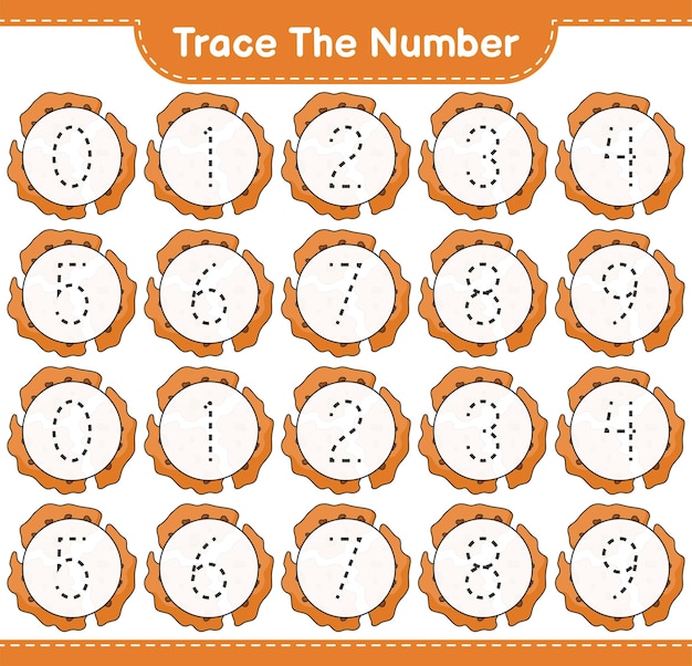 Vector trace the number tracing number with cookie educational children game printable worksheet vector illustration