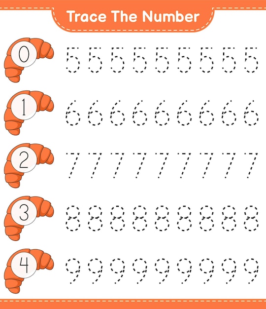 クロワッサン教育の子供たちのゲームの印刷可能なワークシートのベクトル図で番号をトレースする