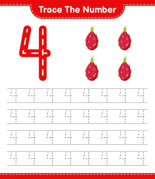 Trace the number. Tracing number with Dragon Fruit. Educational children game, printable worksheet 