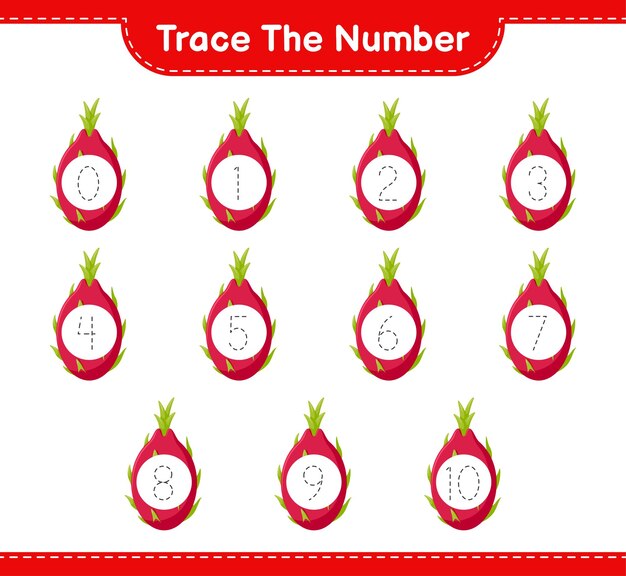 Trace the number. Tracing number with Dragon Fruit. Educational children game, printable worksheet 