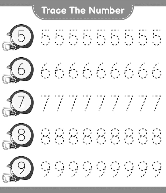 番号をトレースします。フットボールヘルメットで追跡番号。教育的な子供たちのゲーム、印刷可能なワークシート、ベクトル図