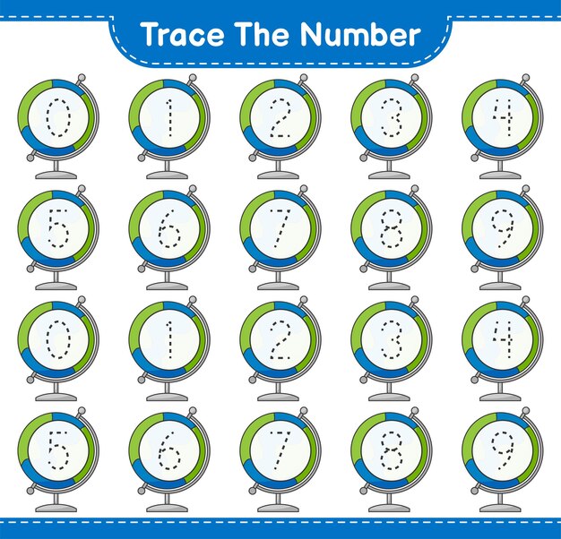 Trace the number tracing number with globe educational children game printable worksheet