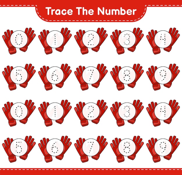 Trace the number. Tracing number with Goalkeeper Gloves. Educational children game, printable worksheet, vector illustration