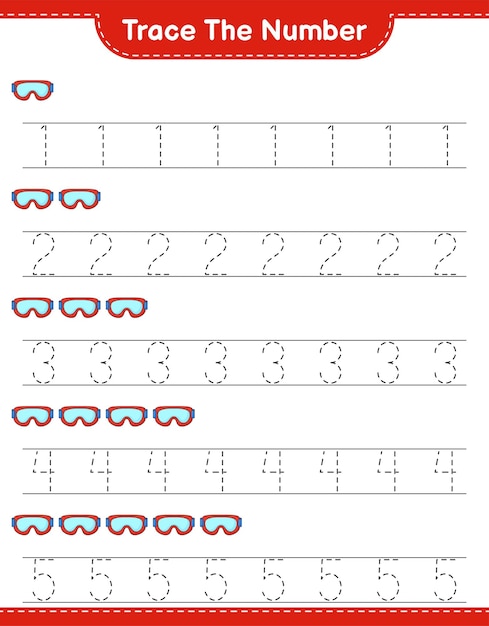 Trace the number. Tracing number with Goggle. Educational children game, printable worksheet, vector illustration