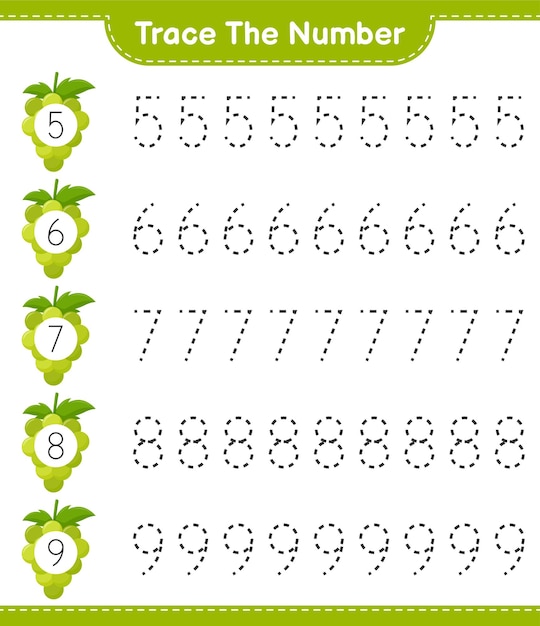 Trace the number. Tracing number with Grape. Educational children game, printable worksheet 