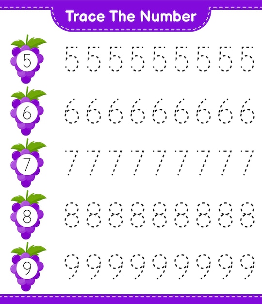 Trace the number. tracing number with grape. educational children game, printable worksheet