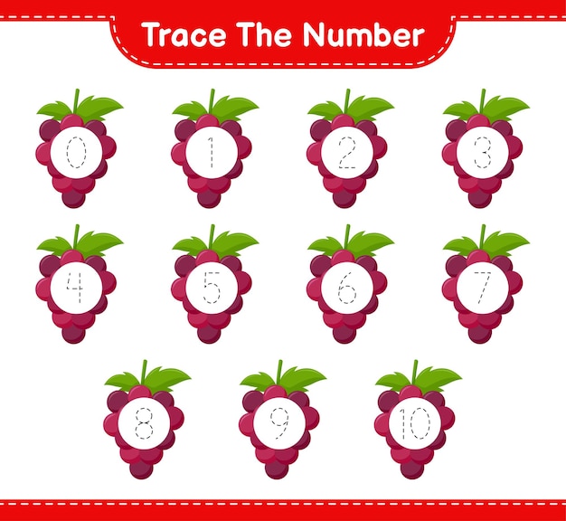 Trace the number. tracing number with grape. educational children game, printable worksheet