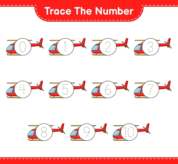 Trace the number. Tracing number with Helicopter. Educational children game, printable worksheet, vector illustration
