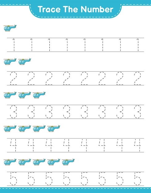 Trace the number. Tracing number with Helicopter. Educational children game, printable worksheet, vector illustration