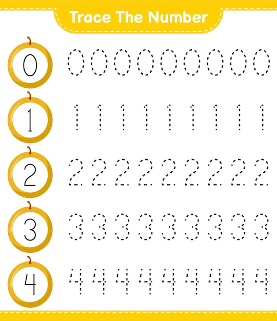 Vector trace the number. tracing number with honey melon. educational children game, printable worksheet