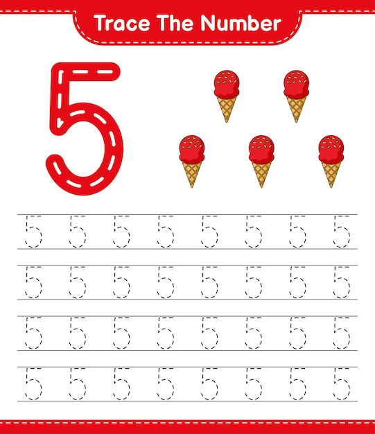 Trace the number tracing number with ice cream educational children game printable worksheet