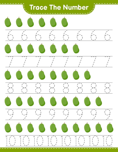 Trace the number. tracing number with jackfruit. educational children game, printable worksheet