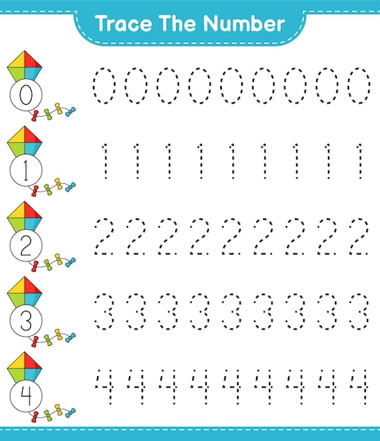 番号をトレースします。カイトで追跡番号。教育的な子供たちのゲーム、印刷可能なワークシート、ベクトル図