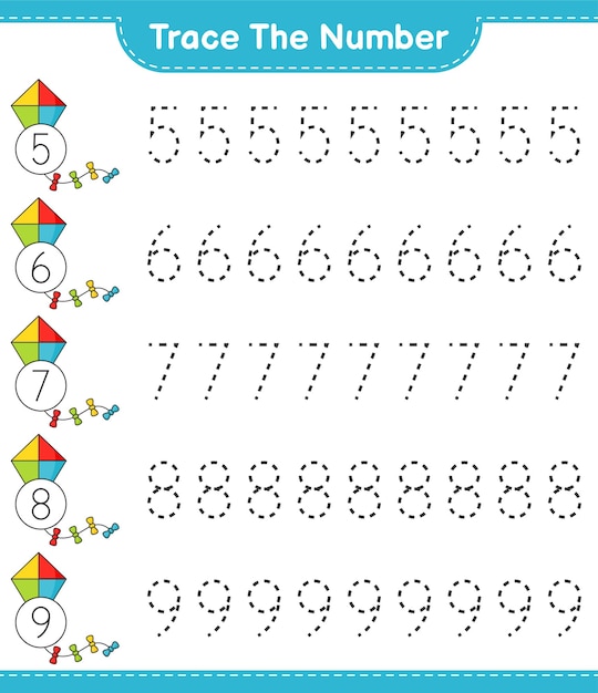 番号をトレースします。カイトで追跡番号。教育的な子供たちのゲーム、印刷可能なワークシート、ベクトル図