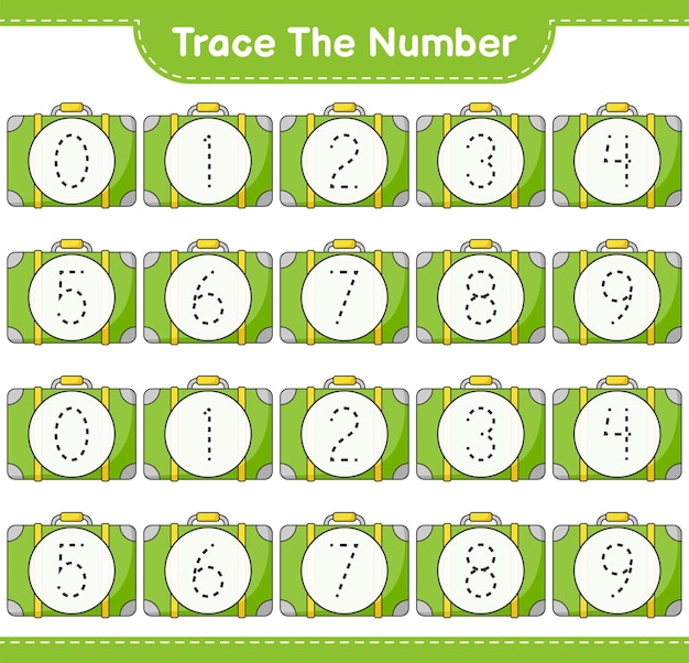 Traccia il numero traccia il numero con il foglio di lavoro stampabile del gioco educativo per bambini del bagaglio