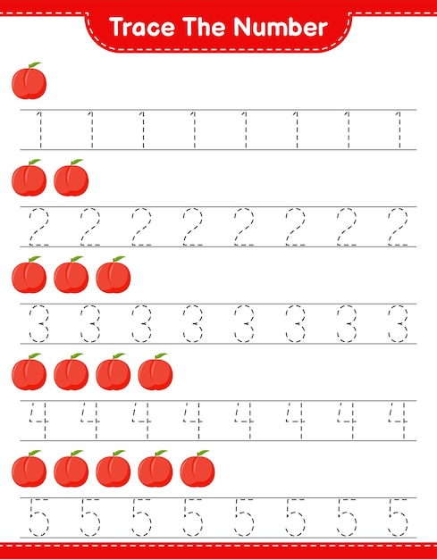 Trace the number. Tracing number with Nectarine. Educational children game, printable worksheet 