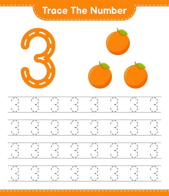 Traccia il numero. numero di tracciamento con orange. gioco educativo per bambini, foglio di lavoro stampabile