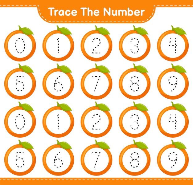 Trace the number. tracing number with orange. educational children game, printable worksheet
