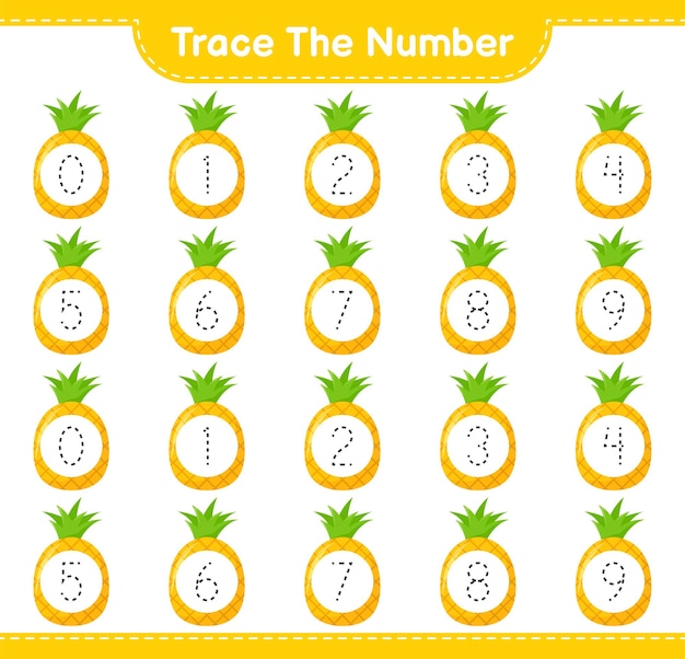 Trace the number. Tracing number with Pineapple. Educational children game, printable worksheet 