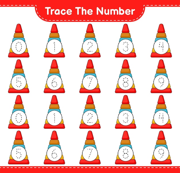 番号をトレースします。ピラミッドのおもちゃで追跡番号。教育的な子供たちのゲーム、印刷可能なワークシート、ベクトル図