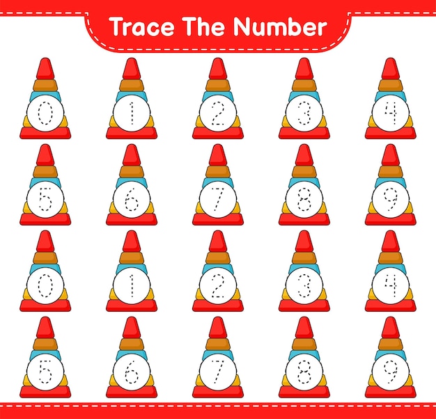 Trace the number. tracing number with pyramid toy. educational children game, printable worksheet, vector illustration